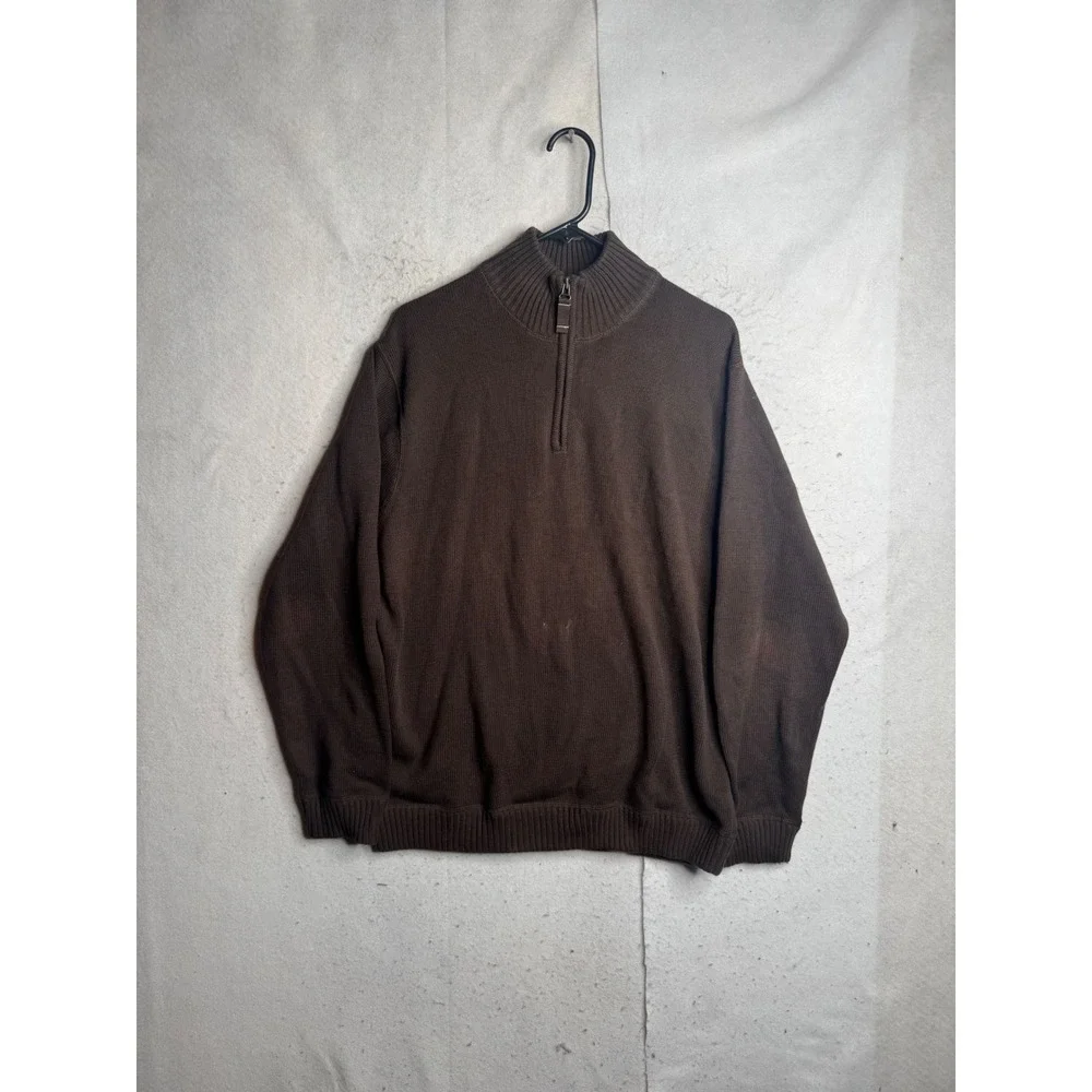 Eddie Bauer Mens Large Brown 100% Cotton Quarter Zip Mock Neck Sweater Outdoor
